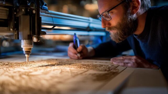 Focused medium angle of a technician adjusting settings on a laser engraver while producing layered 3D photo designs on natural wood panels.