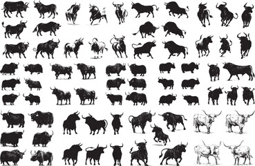 Fototapeta premium Diverse Collection of Bull, Ox, and Yak Silhouettes and Vector Illustrations in Black and White 