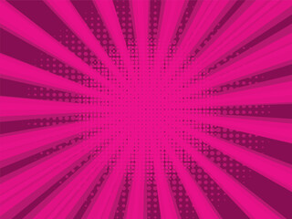 Comic book halftone background. Red sun pop art retro rays background.