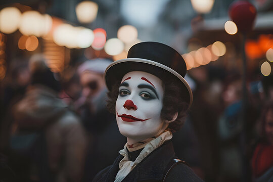 Enigmatic mime artist with pale makeup and dark eyeshadow in a lively street scene
