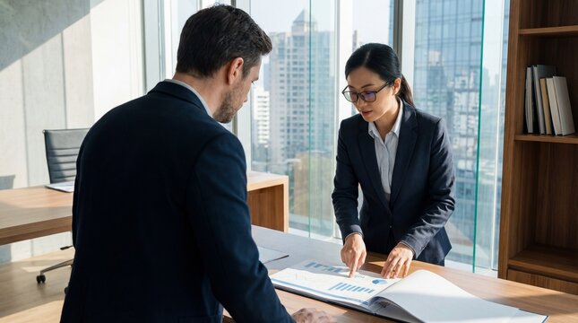 Business professionals analyzing data in modern office setting - Powered by Adobe