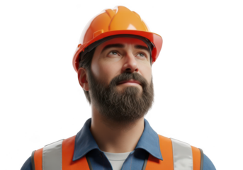 Construction worker wearing orange hard hat and safety vest isolated on transparent background