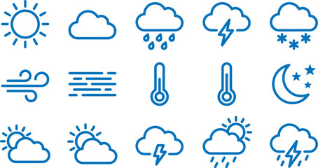 Obraz premium Weather forecast icons set with sun clouds rain wind temperature moon and lightning symbols in blue outline on white background for web and mobile applications