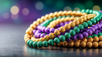 Bright multicolored carnival bead necklaces arranged as a festive decorative element, symbol of celebration, party atmosphere and traditional carnival accessories.