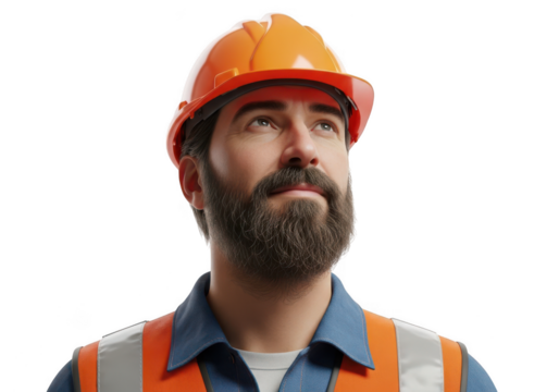 Construction worker wearing orange hard hat and safety vest isolated on transparent background - Powered by Adobe