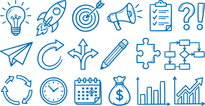 Business strategy icons set including light bulb rocket target megaphone checklist question mark paper airplane arrows pencil puzzle clock calendar money bag graphs