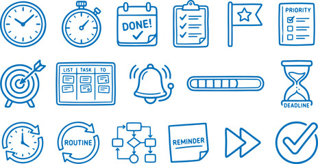 Productivity and time management icons set with clocks calendars and task lists on white background