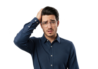 Man looking confused and worried with hand on head isolated on transparent background