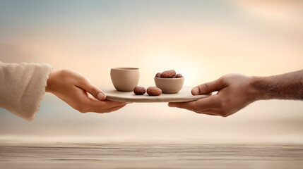 Scene of charity during Ramadan. Hands distribute dates and cups of water on a simple table at sunset, a symbol of generosity, compassion and community support.