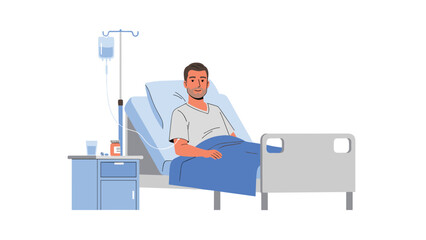 Young male patient resting in a hospital bed with an intravenous drip, indicating recovery or ongoing medical treatment.