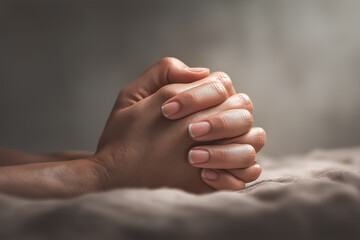 Close up of hands folded in prayer, symbolizing faith and spirituality during the holy month of Ramadan. Religious concept of devotion, worship and Muslim prayer.