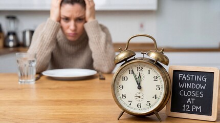 Woman stressed about fasting window closing at 12pm with clock