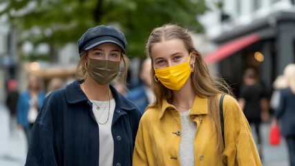 A busy urban street scene featuring pedestrians wearing stylish face masks, showcasing individual expressions and unique designs, highlighting the integration of fashion and safety in everyday