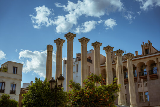 Ancient Roman Temple of Cordoba with Corinthian columns at sunset, Andalusia, Spain.