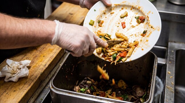 Kitchen staff disposing of food waste in commercial setting