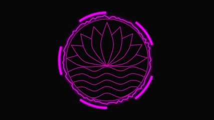 Pink Neon Lotus Flower and Water Ripples with Futuristic Circular Frame on Black Background