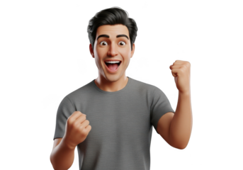Excited young man celebrating success with fist pump gesture isolated on transparent background