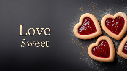 Sweet cookies with heart-shaped filling on a premium black background, a romantic dessert composition for love, Valentine's Day, and sweets advertising.
