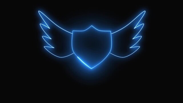 Blue Neon Shield with Wings Emblem on Black Background logo symbol