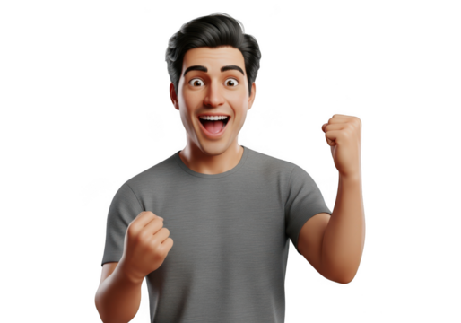 Excited young man celebrating success with fist pump gesture isolated on transparent background - Powered by Adobe
