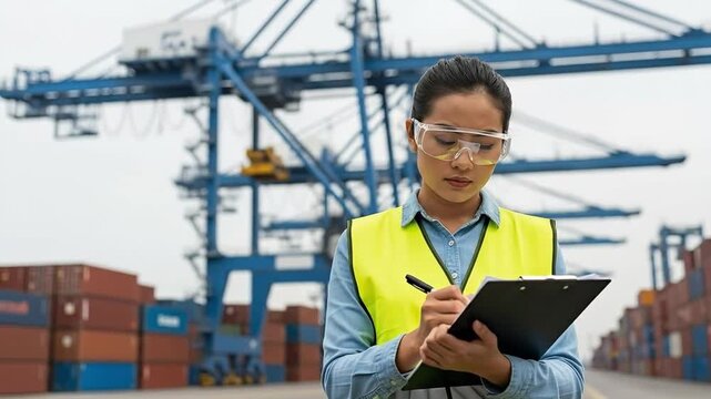 Female Asian Logistics Supervisor in Safety Gear Overseeing Container Shipment in Industrial Port