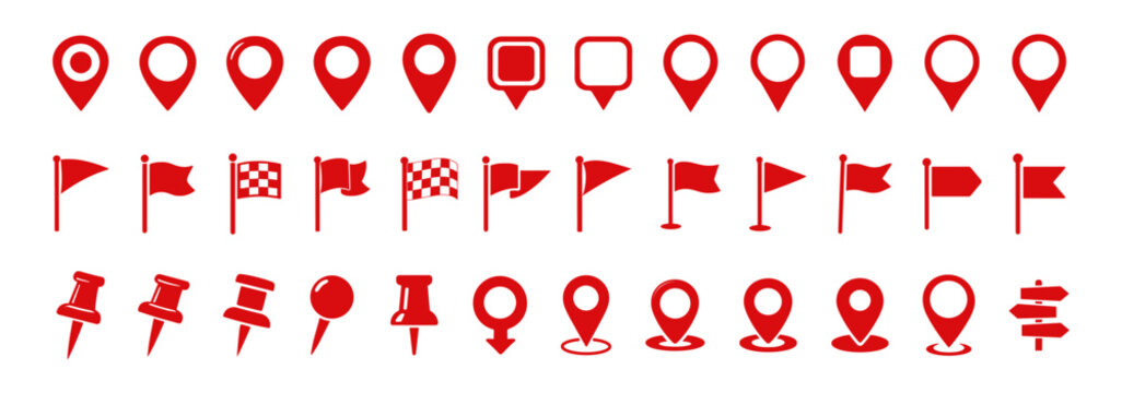 Map location pin and flag icon set with navigation markers and pointers, flat minimal symbols on transparent background