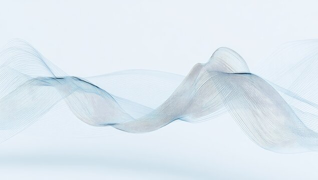 Abstract digital artwork featuring flowing, translucent, pale blue, wavy lines against a white background
