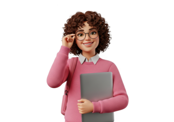Young curly haired student holding laptop and wearing glasses isolated on transparent background