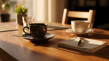 Fototapeta premium Cinematic Lighting: Coffee Cups on Wooden Table in Morning Sun