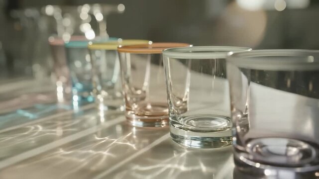 Colored rim glassware display with sunlight reflections creating an abstract aesthetic