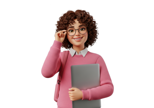 Young curly haired student holding laptop and wearing glasses isolated on transparent background - Powered by Adobe