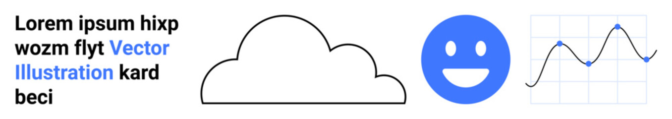 Fototapeta premium Data visualization, weather forecasting, communication concepts, technology interfaces, happiness metrics, cloud storage. Black cloud, blue happy face line graph with text. Data visualization
