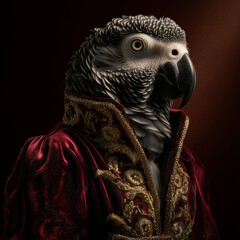 Un pappagallo in posa come un modello, vestito con un drammatico abito di velluto con ricami dorati.