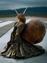 Una lumaca gigante che si muove lentamente su una strada, il suo guscio trasformato in un abito scolpito di alta moda, un'assurdit&agrave; poetica.