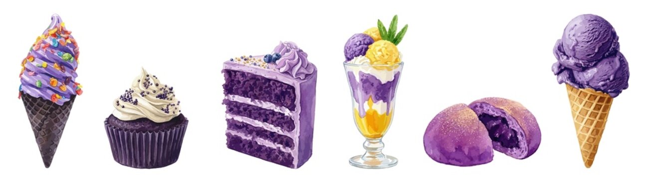 Filipino ube desserts and ice cream set, watercolor vector isolated on white