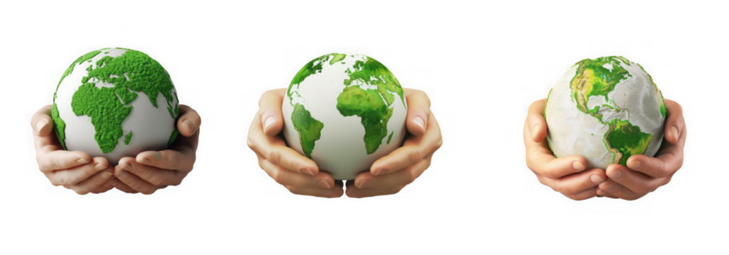 Three depictions of the earth held in hands represent global care and responsibility on transparent background - Powered by Adobe