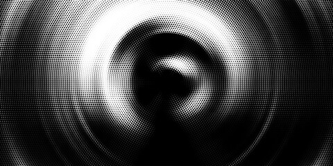 Black radial halftone circles. Dotted sound wave rings. Stippled epicenter, target, radar icon concept. Ripple concentric signal vibration element. Vector round dashed and dotted