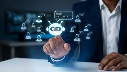 A person interacts with a digital interface showing a chatbot with multiple user profile icons in the background symbolizing ai assistance
