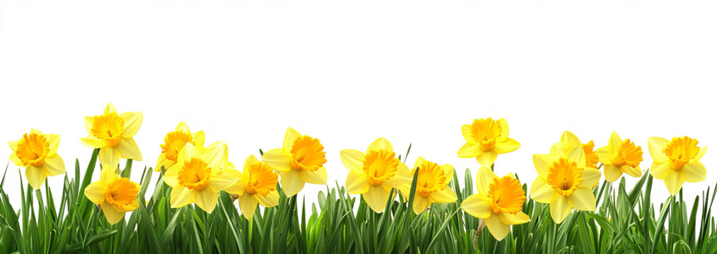  yellow daffodils bordering an isolated transparent background.
