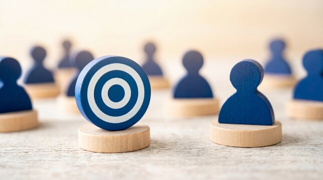 A strategic arrangement of wooden figures with one prominently displaying a bullseye target symbolizing focus and goal orientation in a team