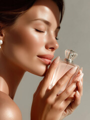 Luxury beauty portrait of an elegant woman holding perfume bottle, sensual fragrance concept