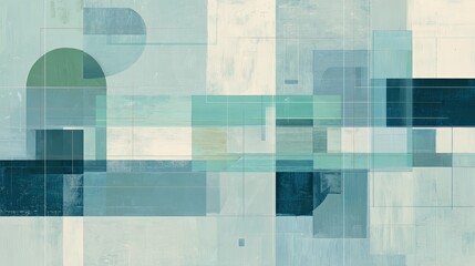 Abstract composition with overlapping geometric shapes in muted blue, green, and beige tones