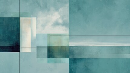 Geometric abstract art with overlapping shapes, watercolor textures, and calming blue-green hues