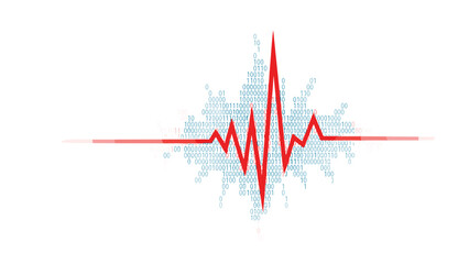 Red heartbeat line pulsating over a background of abstract binary code and data, symbolizing digital health and vital information.