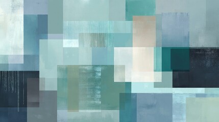 Abstract geometric artwork using overlapping rectangular and square shapes in muted blue hues
