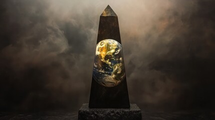 A polished dark obelisk reflecting a stylized glowing image of planet Earth against a dramatic cloudy sky