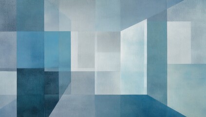 Geometric, abstract art piece featuring varying shades of blue squares and rectangular shapes