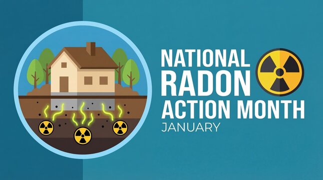 An illustration promoting national radon action month in january depicts a house trees and a warning about radon gas emissions from the ground