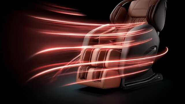 Medium shot focusing on a vibrating massage chair recliner highlighting dynamic massage modes designed to relieve tension and promote circulation.