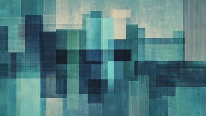 Abstract geometric composition with overlapping rectangles in various shades of blue and green